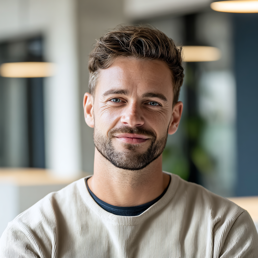 Website owner on a couch smiling at the camera