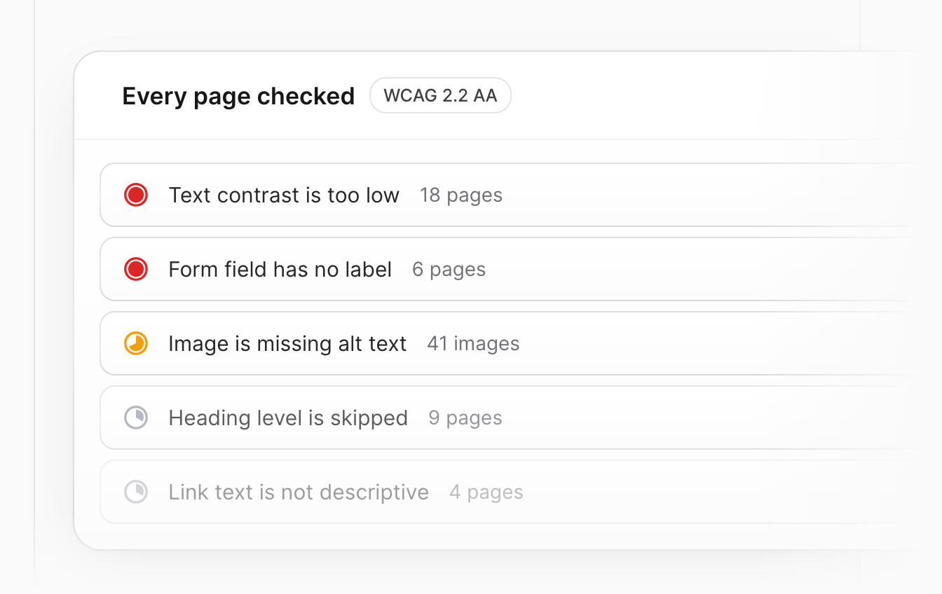 Monitoring list of five issues with page counts, checked against WCAG 2.2 AA