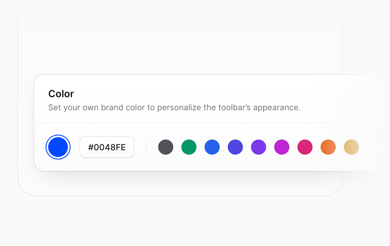 Brand color picker with hex field and nine swatches