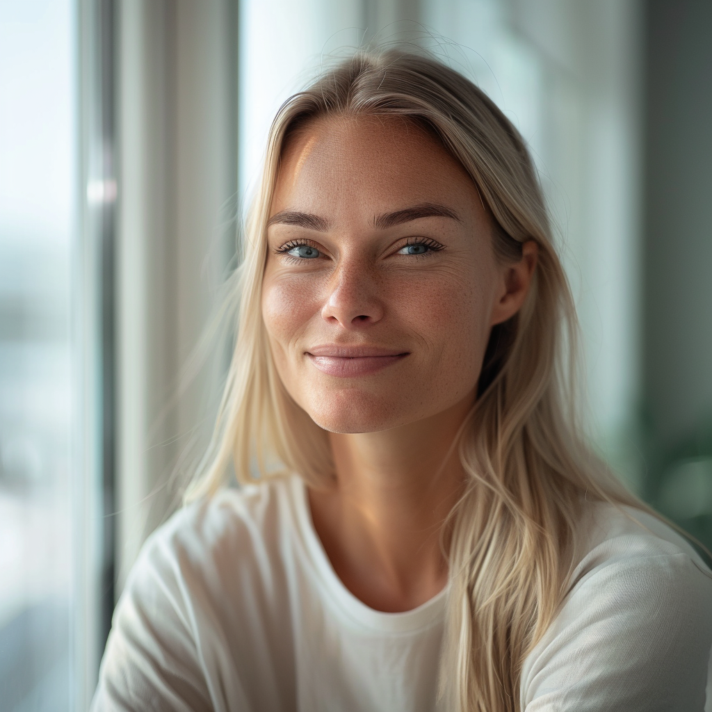 Lächelnde Frau mit langen blonden Haaren in einem cremefarbenen T-Shirt