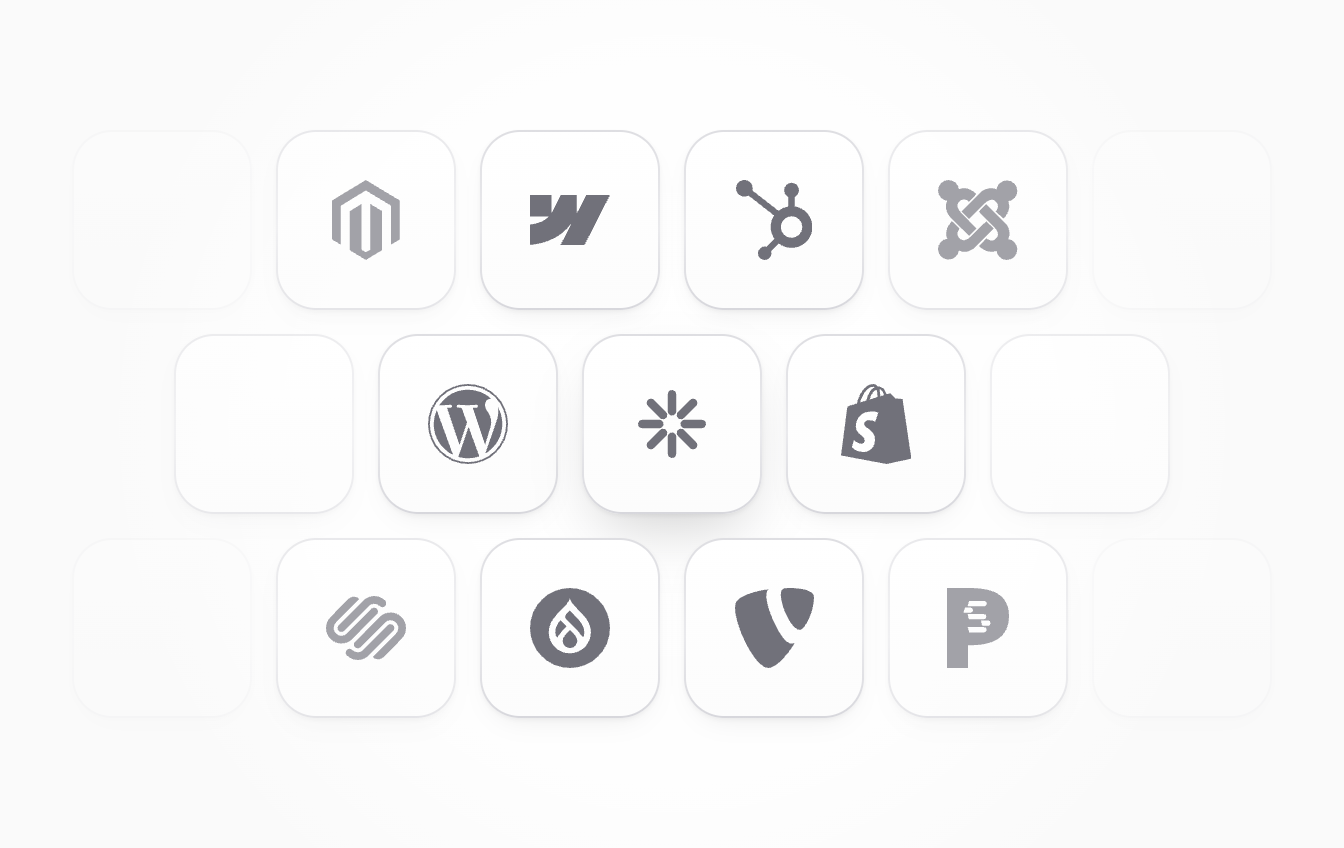 Logos of WordPress, Shopify, Webflow and other supported platforms