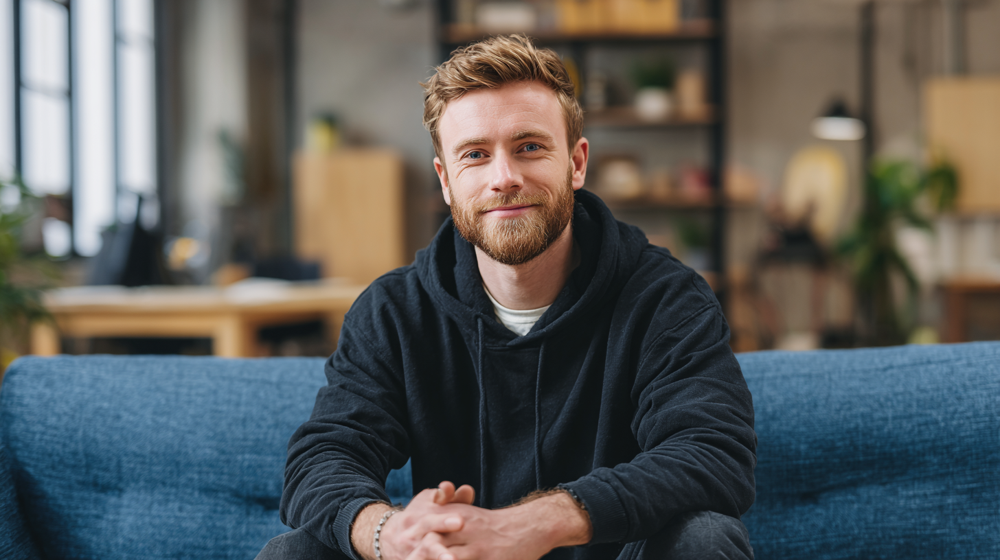 Website owner on a couch smiling at the camera
