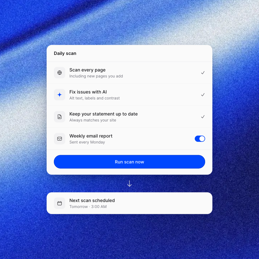 allyWay-Scanansicht mit Seitenprüfung, KI-Korrekturen, E-Mail-Bericht und nächstem Scan
