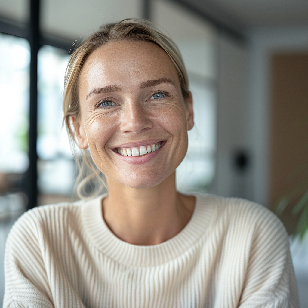 Lächelnde Frau mit hellblonden Haaren in einem cremefarbenen Strickpullover