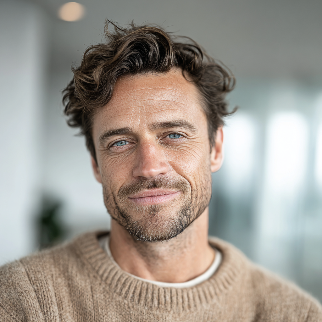 Smiling man with dark wavy hair wearing a beige knit sweater