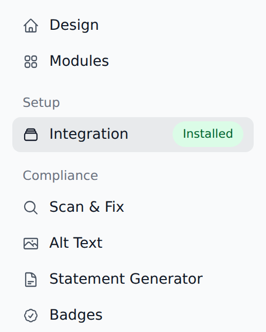 The left menu with the Installed status next to Integration
