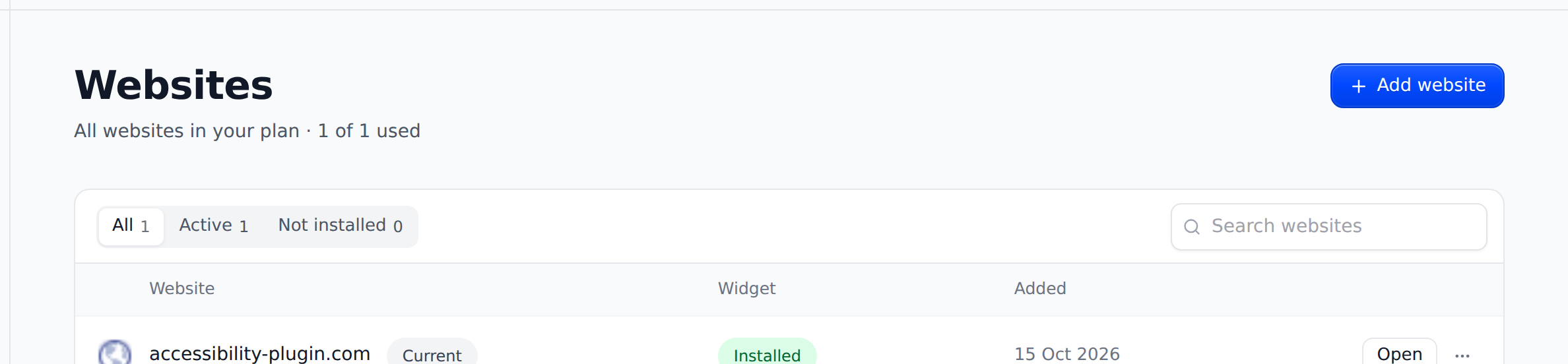 The Websites page with the Installed status in the Widget column