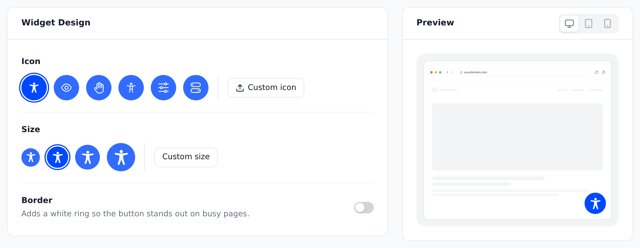 The Widget Design card with six icons, four sizes and the Border switch, next to the Preview card