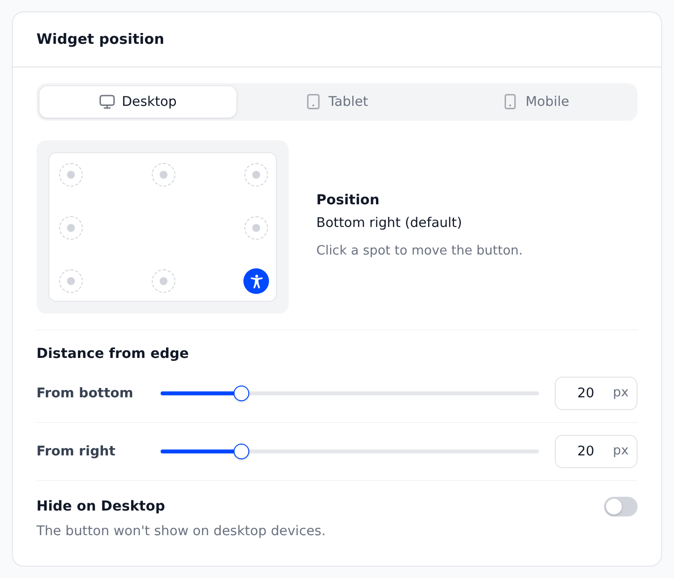 The Widget position card with the Desktop tab, eight spots, the Distance from edge sliders and the Hide on Desktop switch