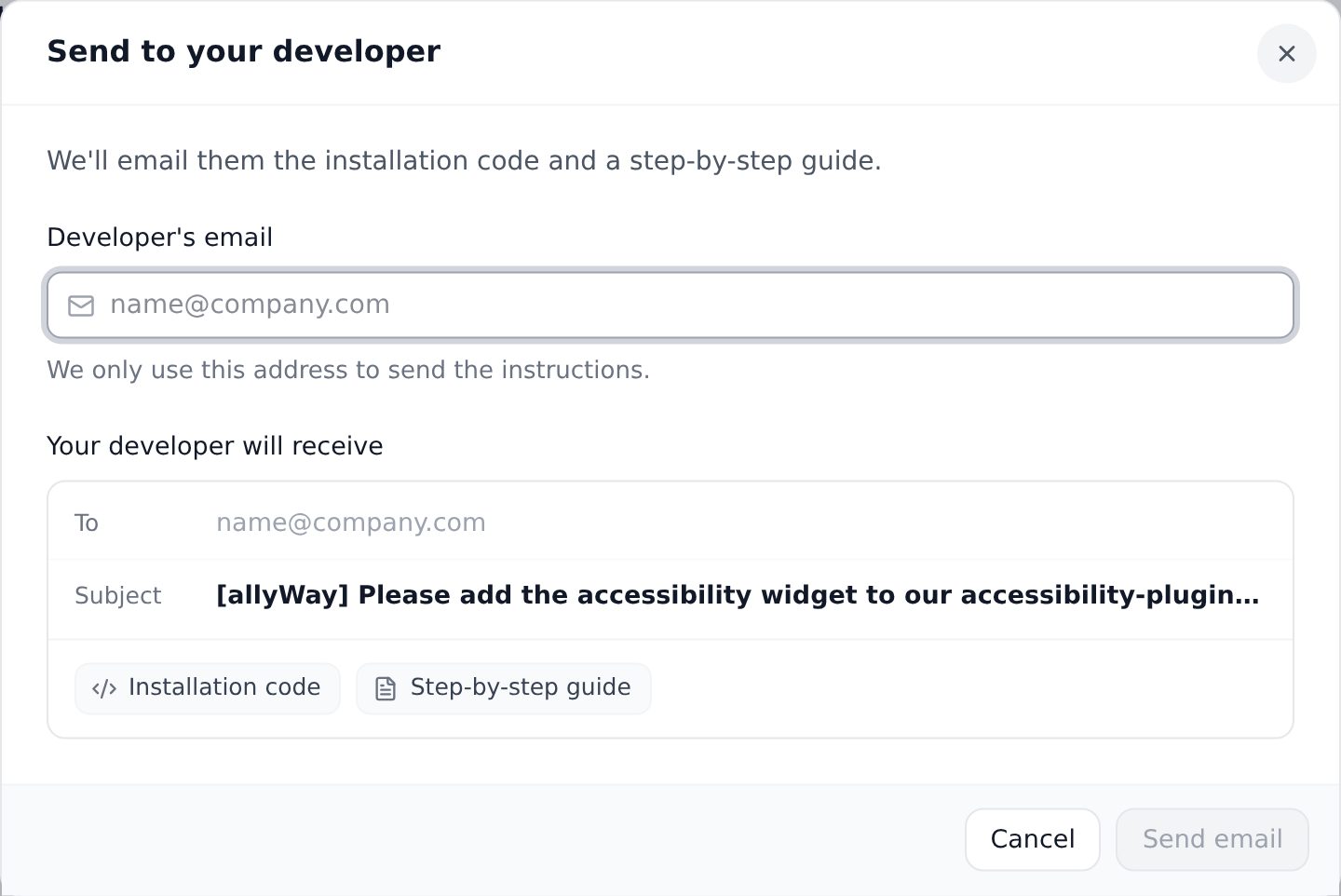 The Send to your developer window with the email field and a preview of the email