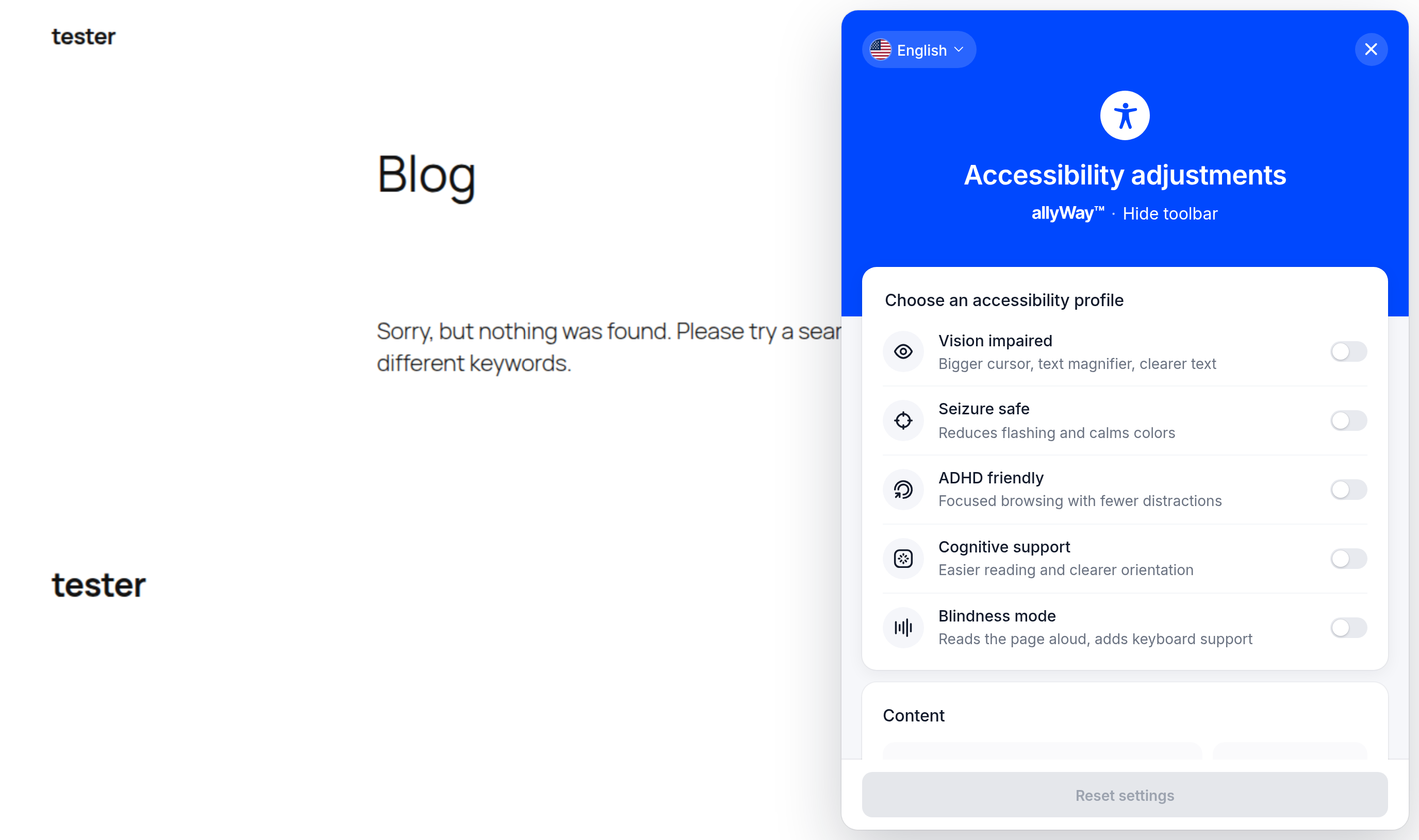 The open allyWay menu next to a website, with the accessibility profiles at the top