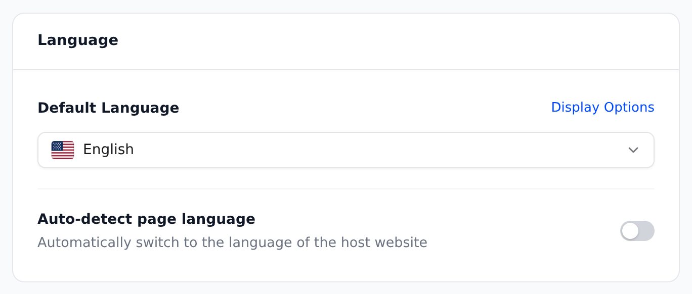The Language card with the default language English, the Display Options link and the Auto-detect page language switch
