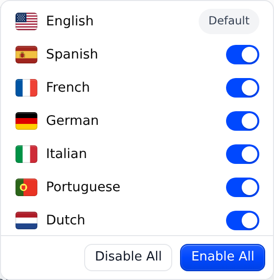 The Display Options list with a switch per language, English marked Default, and the Disable All and Enable All buttons